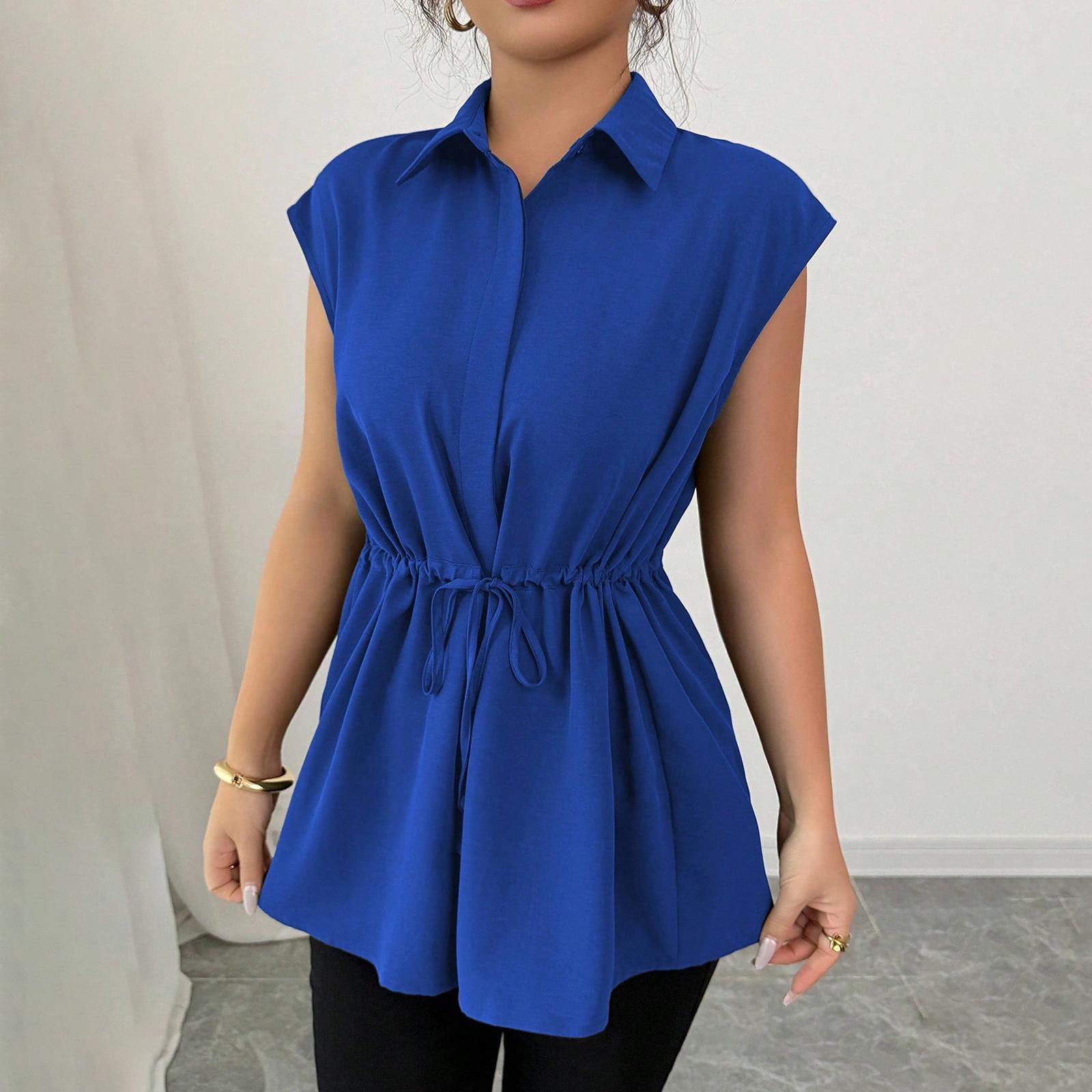 Women s Fashionable Loose Lace Waistband Single Breasted Color Lapel Short Sleeved Top XXL синий