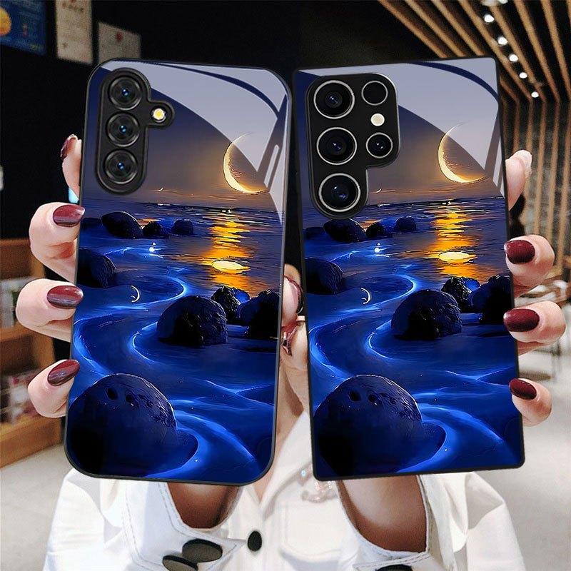 Luminous beach stone patterned glass phone case suitable for Samsung Galaxy S26 S25 S24 S22 S21 S20 FE/Ultra/Plus anti fall