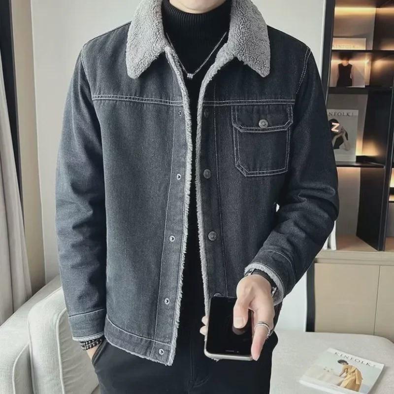 Men's Slim Lapel Velvet Denim Jacket, Winter 2024 Korean Style Lambskin, Casual and Trendy