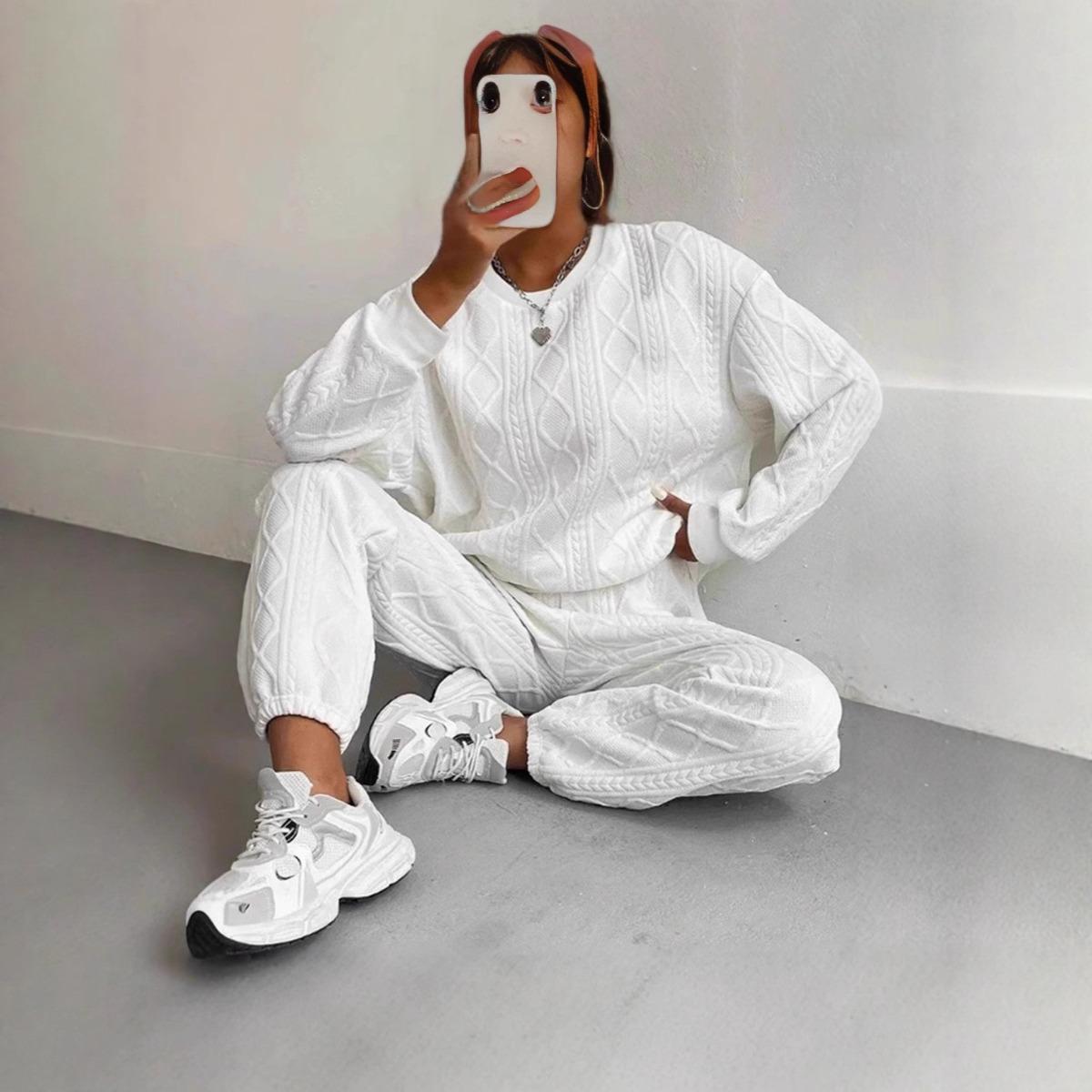 

Женская одежда, нить, жаккард, длинные брюки, повседневный, комплект из двух предметов, костюм, женский S белый