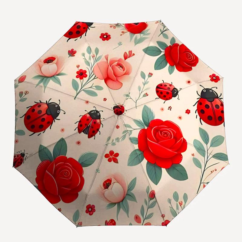 1pc Ladybug Floral Automatic Folding Umbrella - 8-Rib Automatic Open/Close, Large Canopy, Portable for Office, Living Room, Bedroom Yy251217153