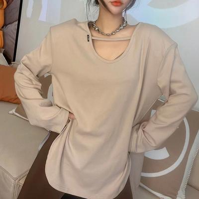 Pure Desire Style U-neck Irregular Top Autumn Style Slit Slanted Mid-length Base Shirt Loose T-shirt