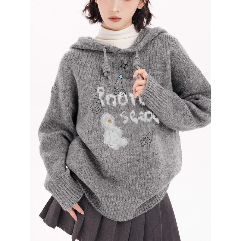 Grauer Kapuzenpullover Strickpullover Damen tragen im Herbst und Winter fauler kleiner Winter dicker Pullover Jacke