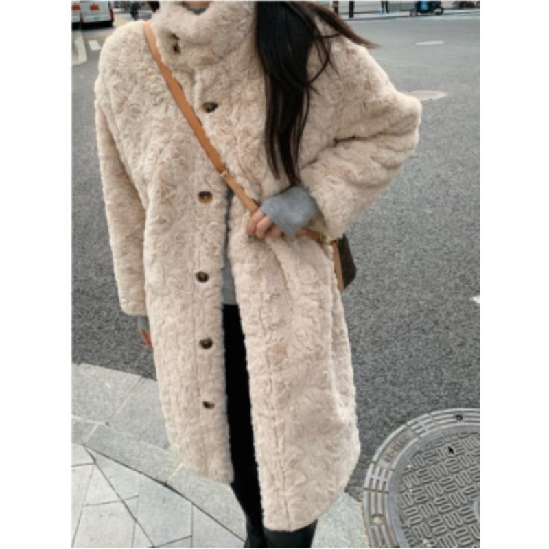 Lamb wool imitation fur jacket women's clothing long coat over the knee design imitation rabbit velvet thickened loose stand-up collar hair