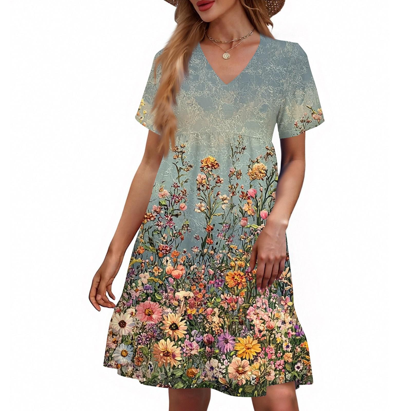 

Women s Casual Fashion V-Neck Short Sleeve Floral Print Dress XL небо синє кольору