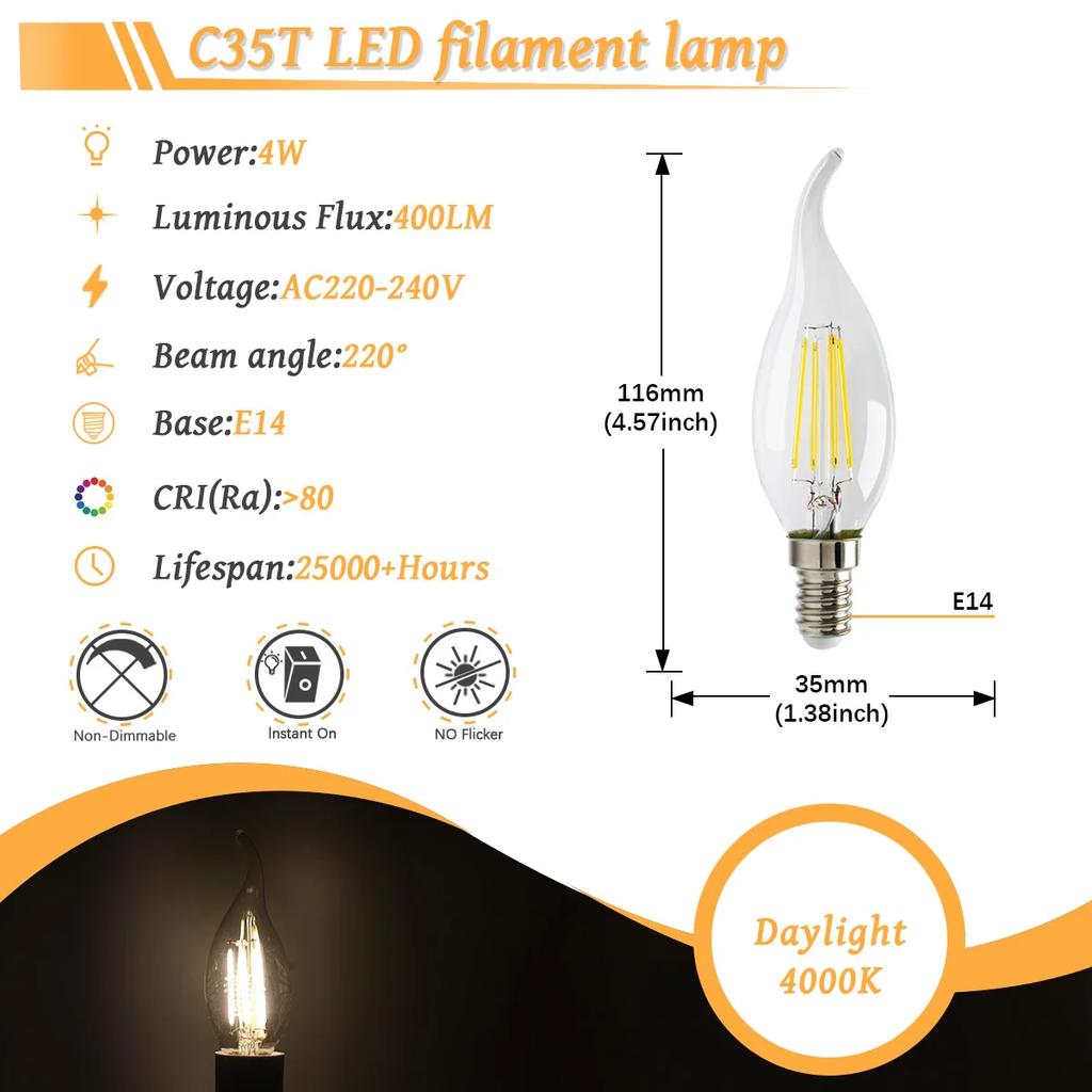 6PCS LED Filament Light Bulb Retro Edison E27 E14 B22 4000K 2700K 220V A60 G45 C37 Vintage Ampoule Incandescent Bulb Edison Lamp