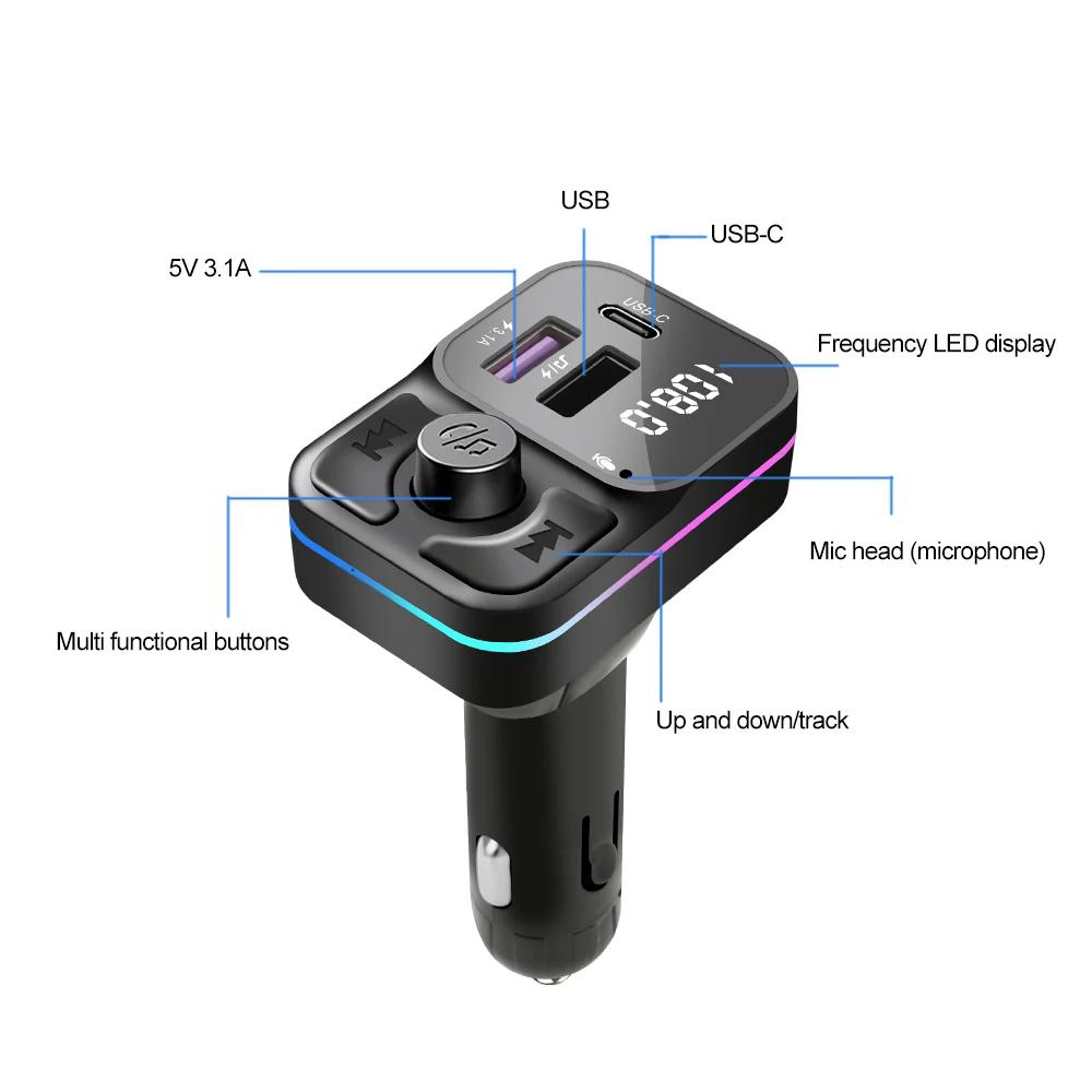 Bluetooth 5.0 FM Transmitter Car MP3 Player Dual USB C Type C Car Charger Phone Quick Charging Adapter Handsfree Calling Car Kit