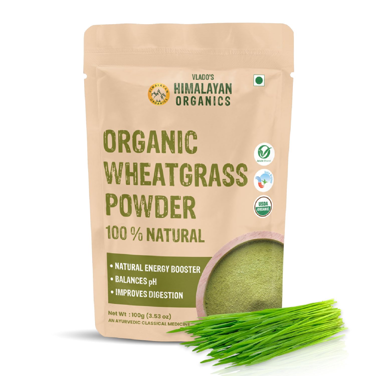 Vlado s Himalayan Organics Органический порошок из ростков пшеницы Натуральный зеленый суперфуд Смесь для напитков Травяная добавка 100 г