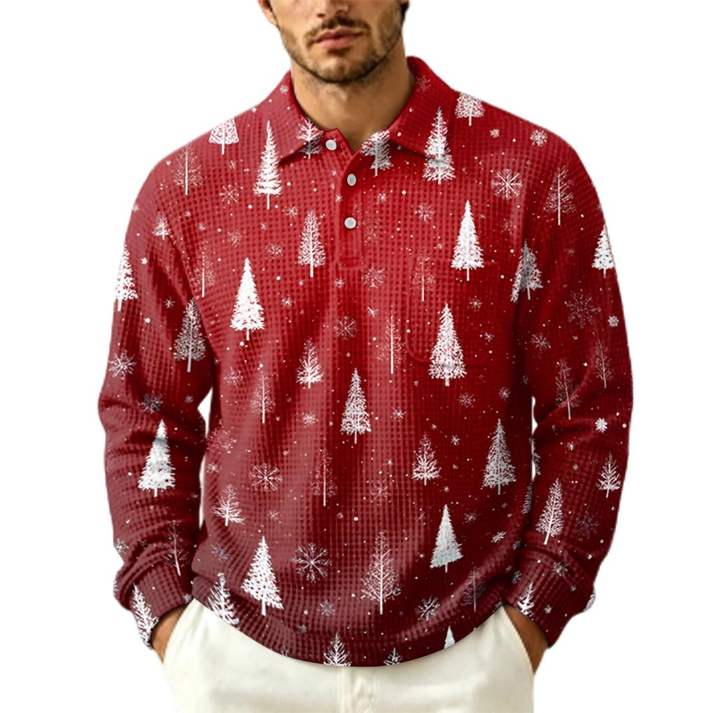 Men's Pullover Long Sleeve Collared Casual Top with Pocket for Fall Outdoor Christmas Print