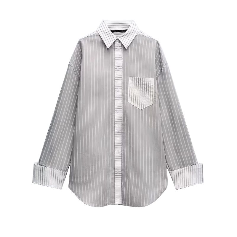 Spring New Women Clothes French Style Niche Versitile Fashion Loose Lapel Stripe Patchwork Shirts 3067019