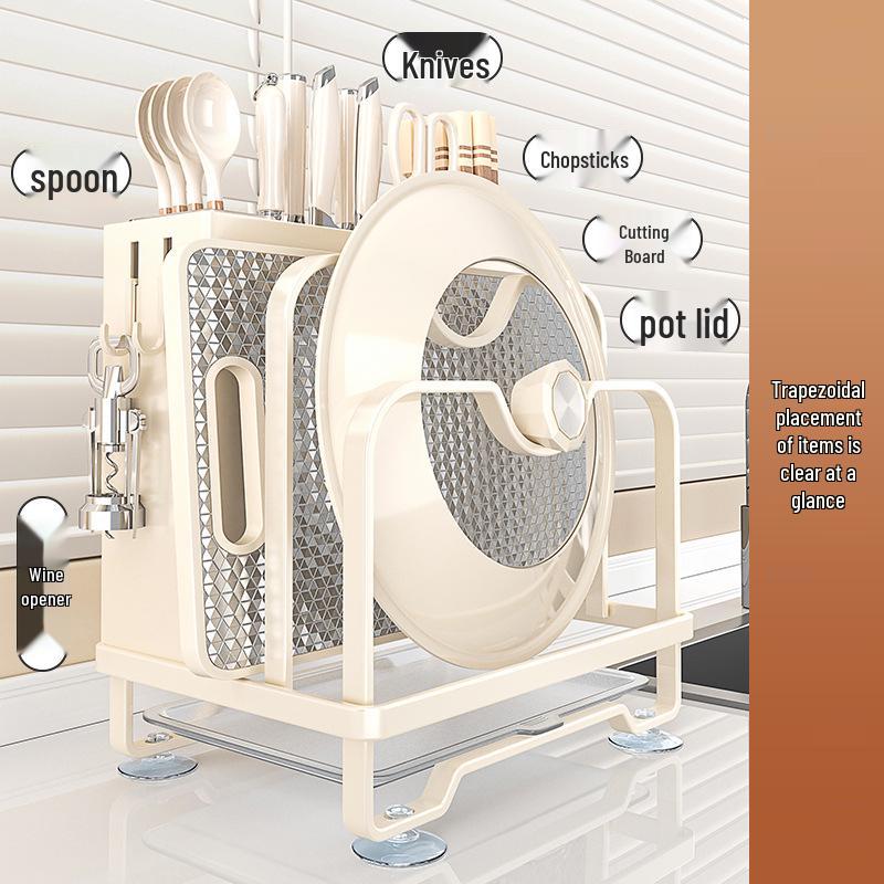 Multi-functional Kitchen Storage Rack for Knives, Pot Lids, Cutting Boards, Chopsticks, and Cutlery