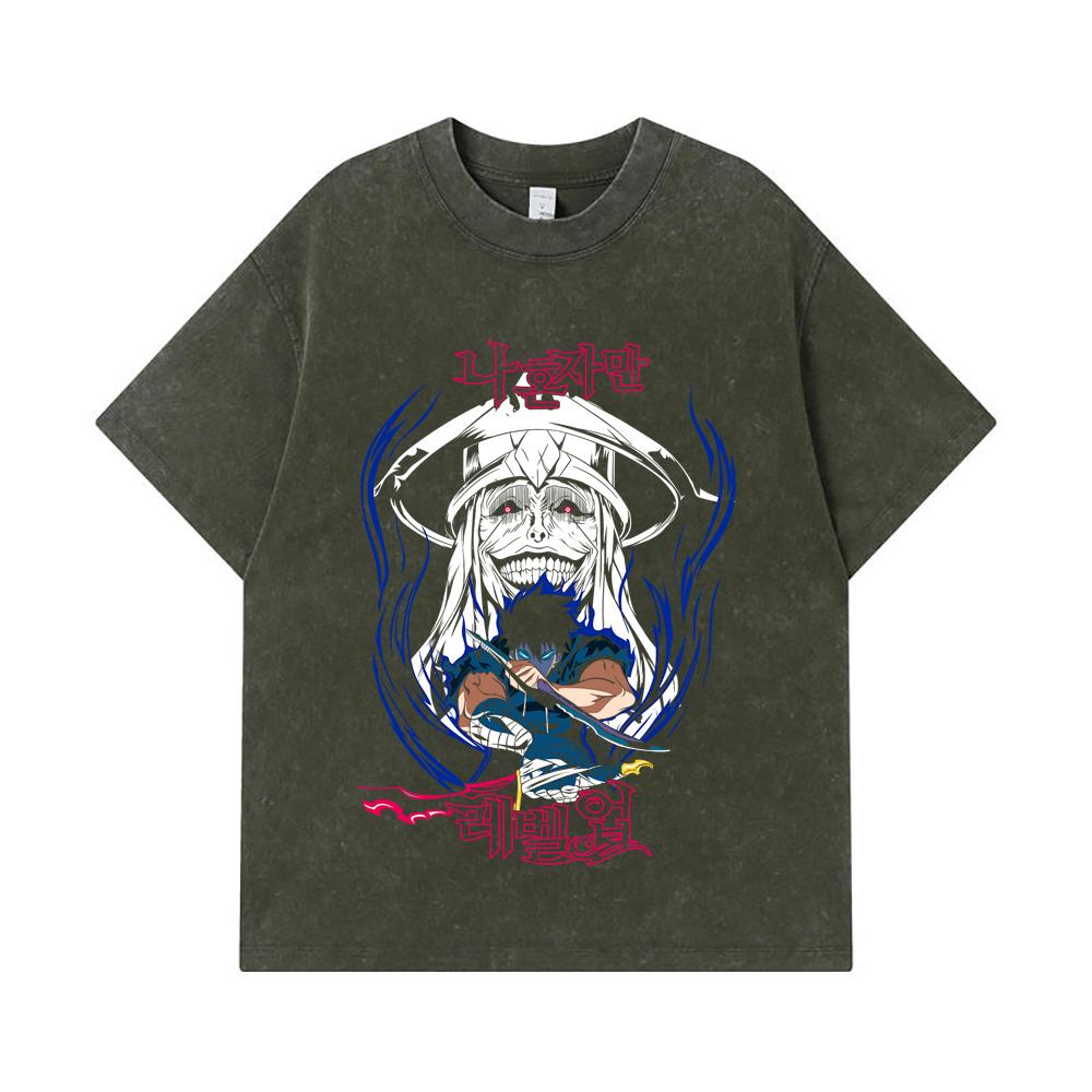 275 GSM Washed T-shirts 100% Cotton Solo Leveling V9 Print Unisex Heavy Cotton T Shirt