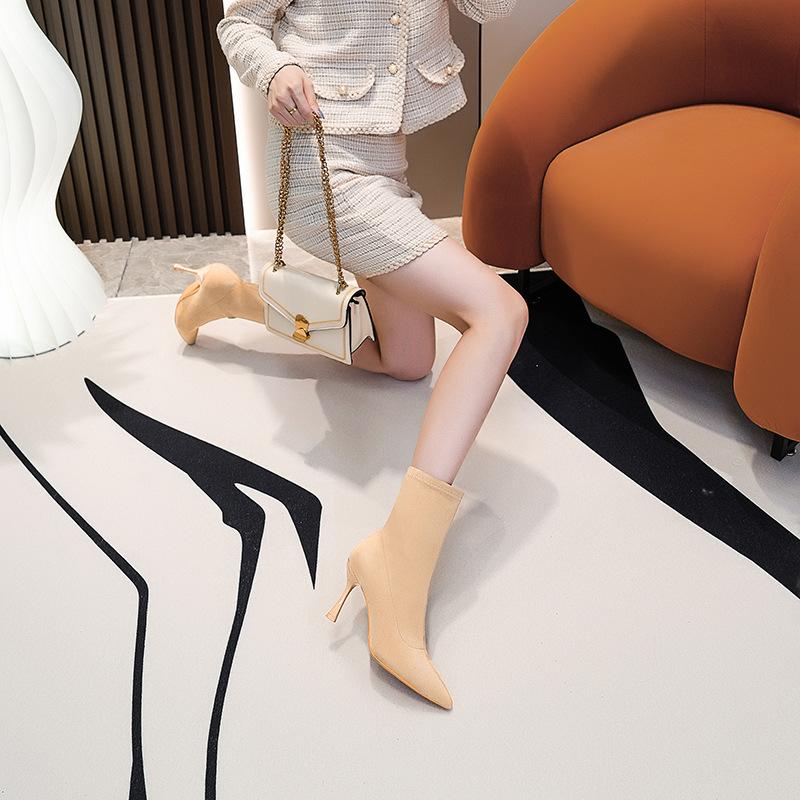 Pointed elastic boots women's 2025 new autumn and winter short boots suede fine heel design temperament socks boots high heel