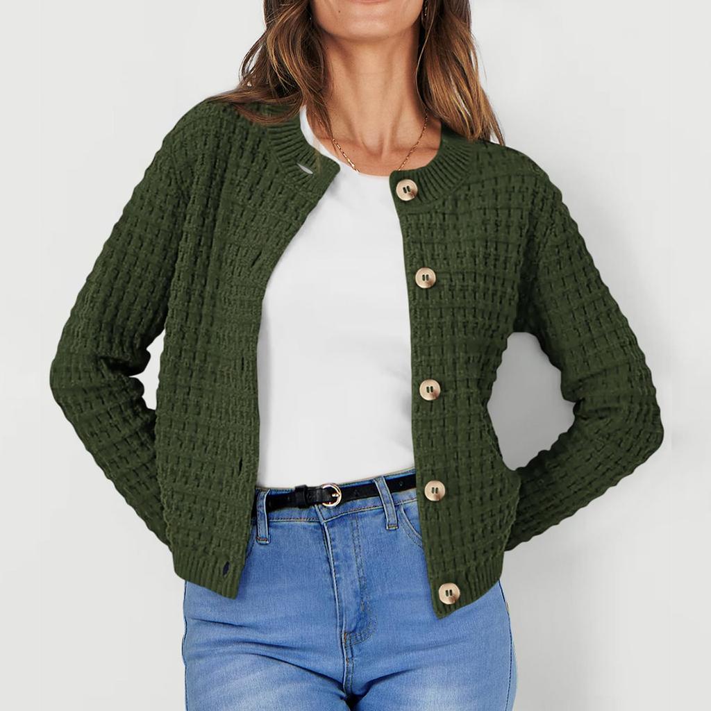 Women's Fashionable Solid Color Long Sleeved Button Knit Cardigan Casual Sweater Jacket