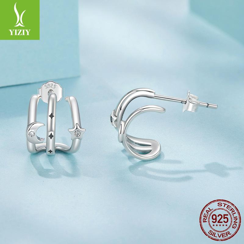 Star And Moon Multi-Circle Stud Earrings, Personalized Trend S925 Sterling Silver Niche Star And Moon Stud Earrings