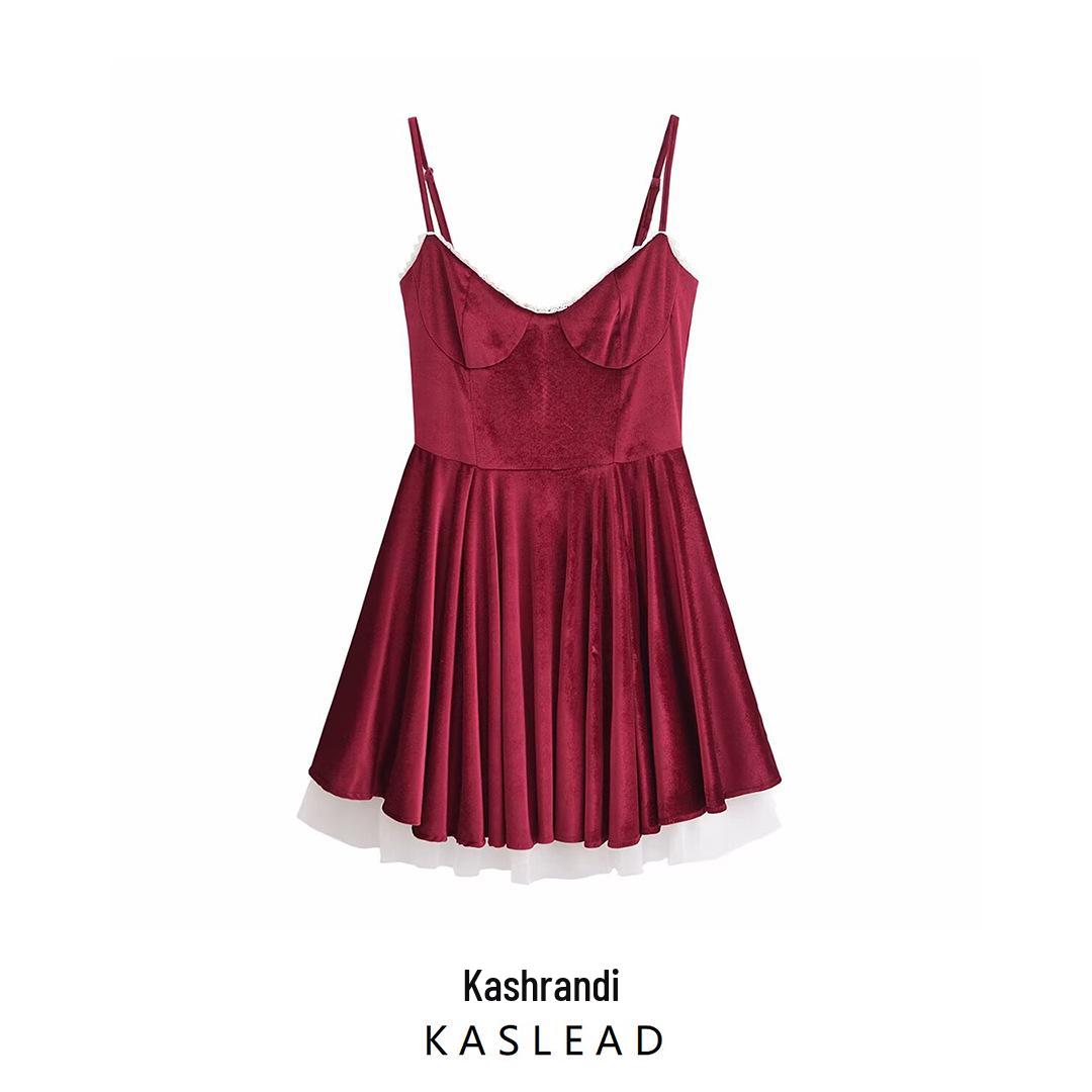 

2024 Winter Women s European & American Style Burgundy Velvet Mini Dress S