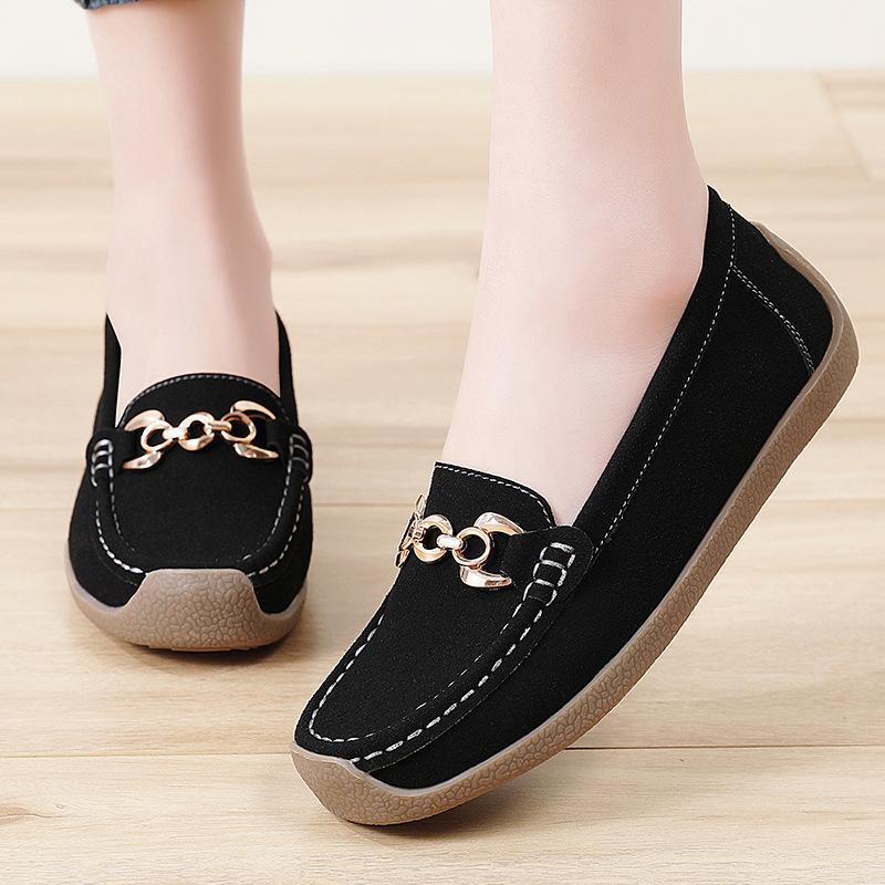 Leather Bean Shoes Women s Flat Shoes Spring Autumn New Style Faux Suede Cowhide Large Size Matte Finish Casual Footwear 43EU/CN44 чёрный