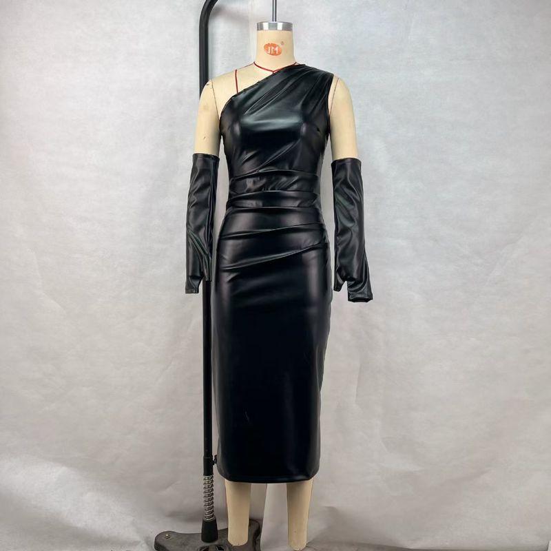 

Western Style Pleat Sexy Sheath Sloping Shoulder PU Leather Dress Slant Neck PU Leather Dress Black S