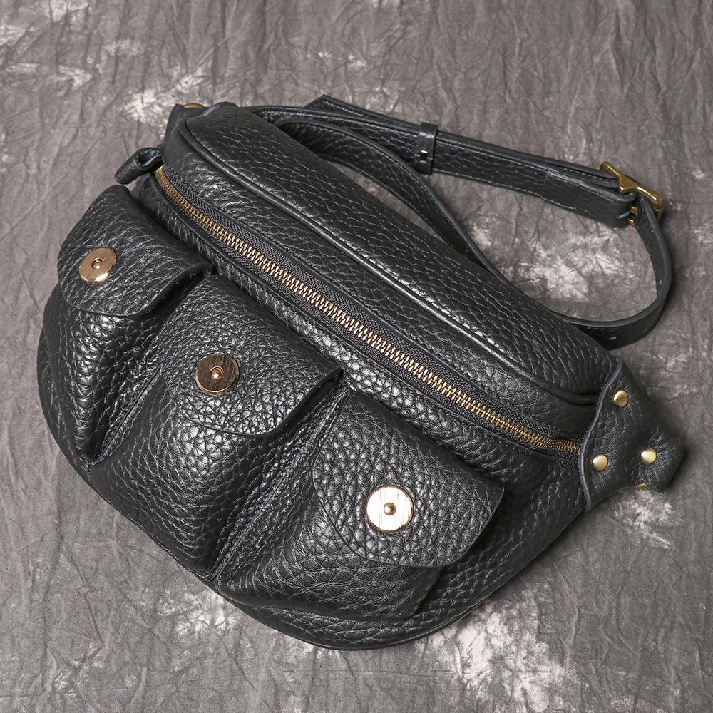 Leather Retro Men S Fanny Pack First Layer Cowhide Shoulder Messenger Bag Personalized Locomotive Bag Multi-Function чёрный