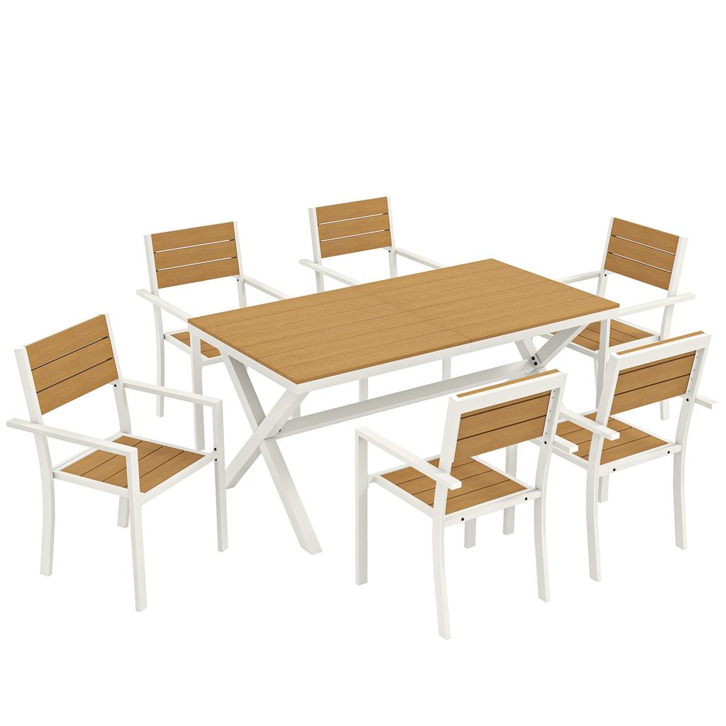 Garden Furniture Set Seating Group 7-Piece Table with 6 Stackable Chairs Wood Look Aluminum Frame Teak