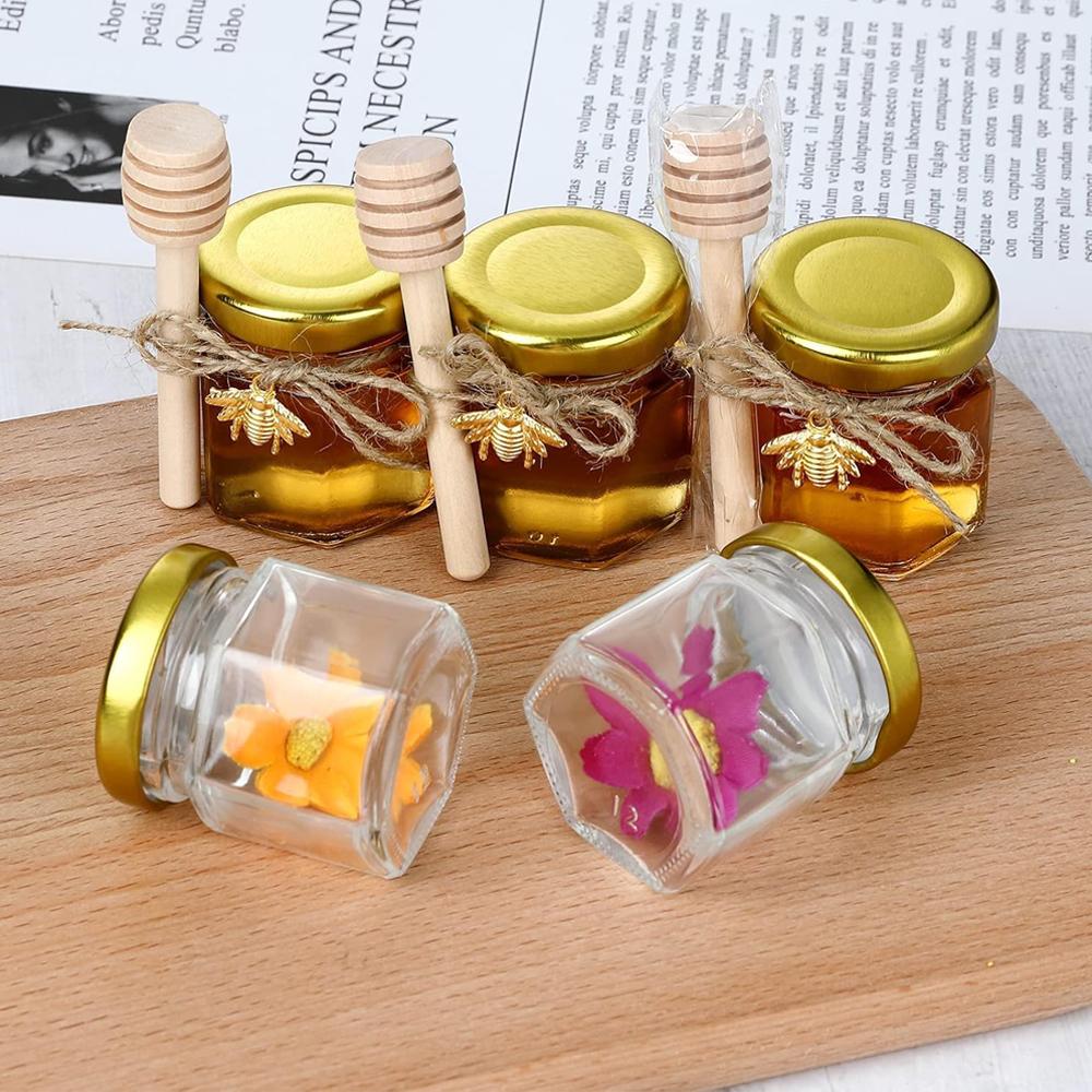 1.5 Oz Hexagon Mini Glass Honey Jars Honey Jars with Wood Dipper, Gold Lid, Bee Pendants, Jutes - for Baby Shower, Wedding