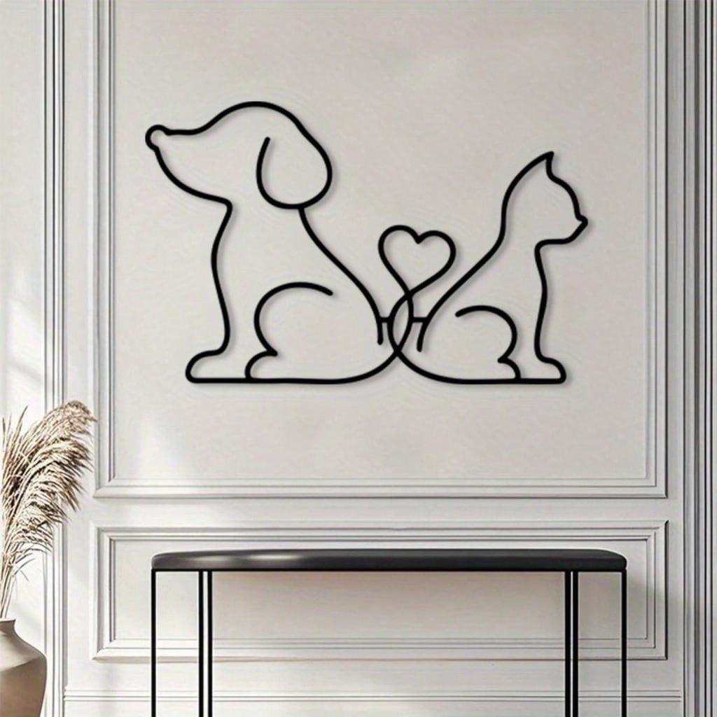 Metal Pet Lover Wall Art Black Line Dog Cat Heart Sculpture Modern Home Decor Gift for Pet Owner