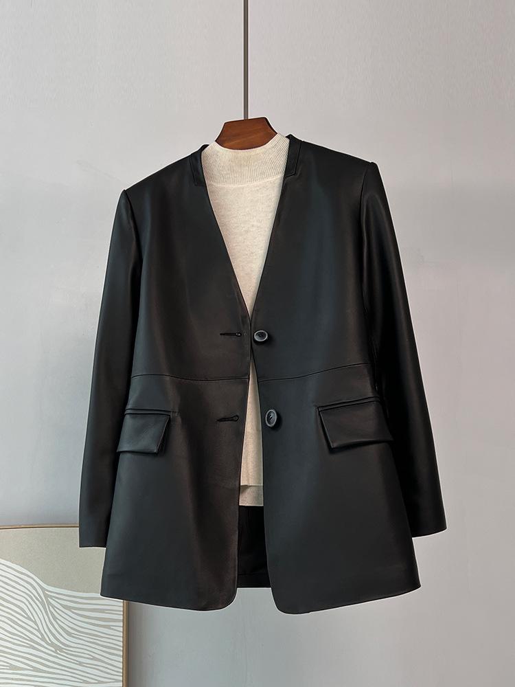 

Women s Collarless Sheepskin Leather Jacket - Spring/Autumn 2026 Fashion XL below 65kg