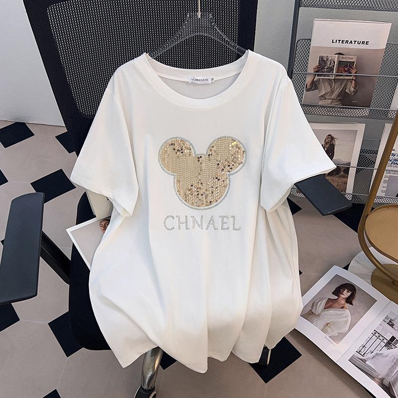 Plus Size Loose Mid-Length Short-Sleeve T-Shirt for Women - Round Neck, Slimming Design, Covers Belly, Available in Sizes 200/300/350 jin, Style 636