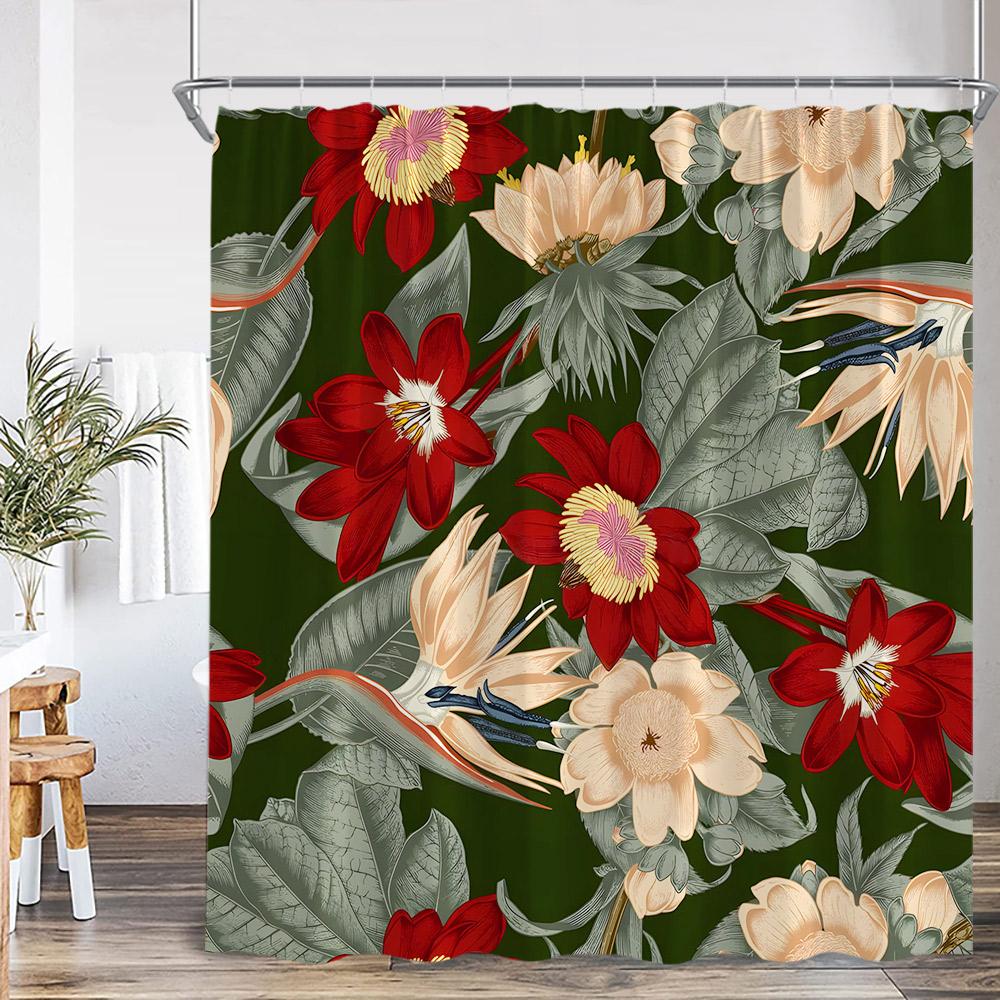 Boho Floral Shower Curtain Vinatge Colorful Flower Green Leaves Plant Spring Summer Bathroom Decor Retro Bath Curtain with Hooks