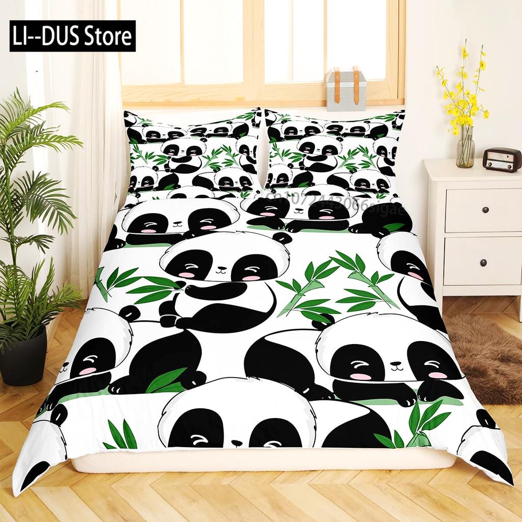 Kids Black Printed Cartoon Panda Beddings Cute Animal Pattern Teens Bedlinings 1 Duvet Cover Sets and 2 Pillowcases Full Size