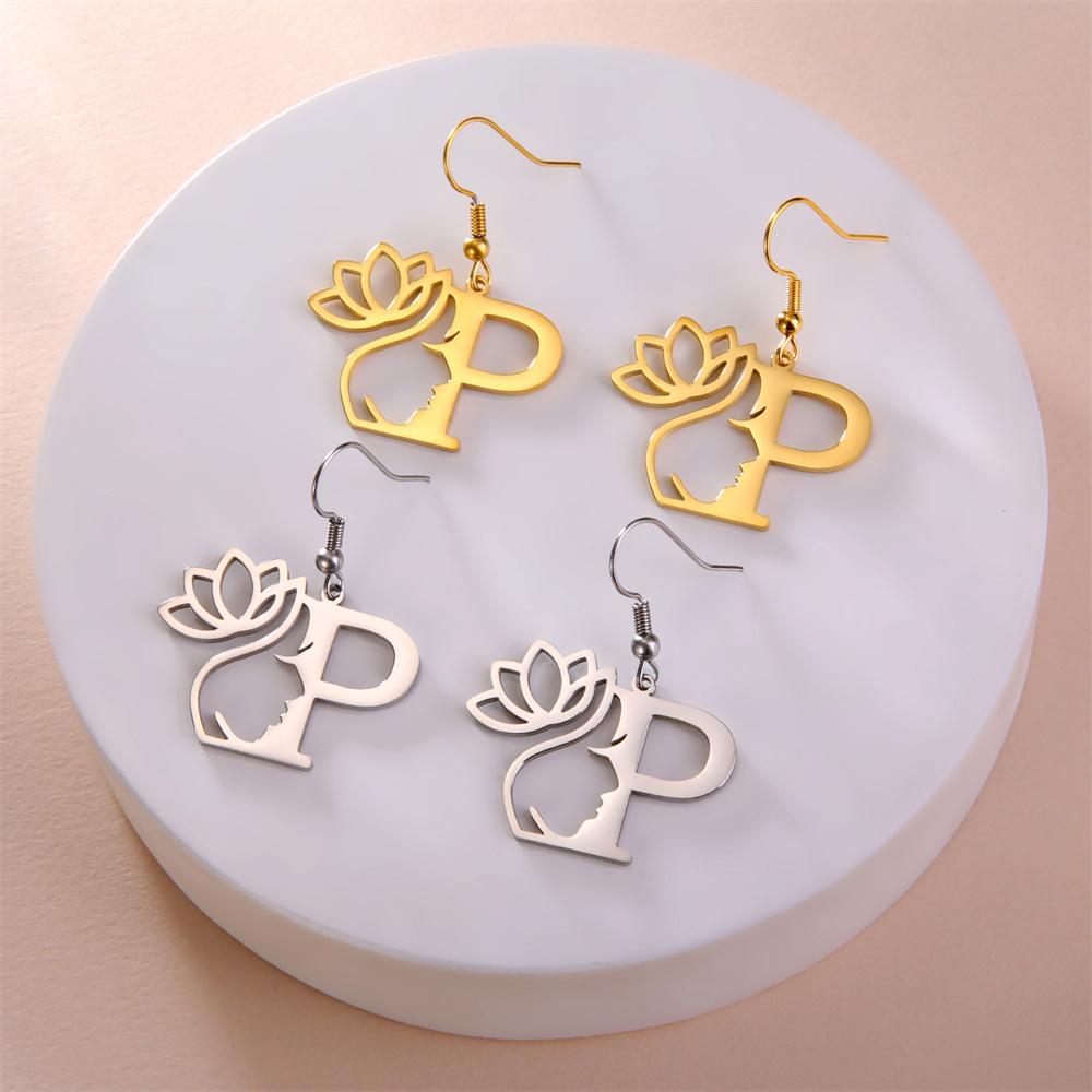 My Shape Beauty Flower Letter Drop Earrings for Women A-Z Alphabet Initials Lotus Stainless Steel Fashion Jewelry Kids Female
