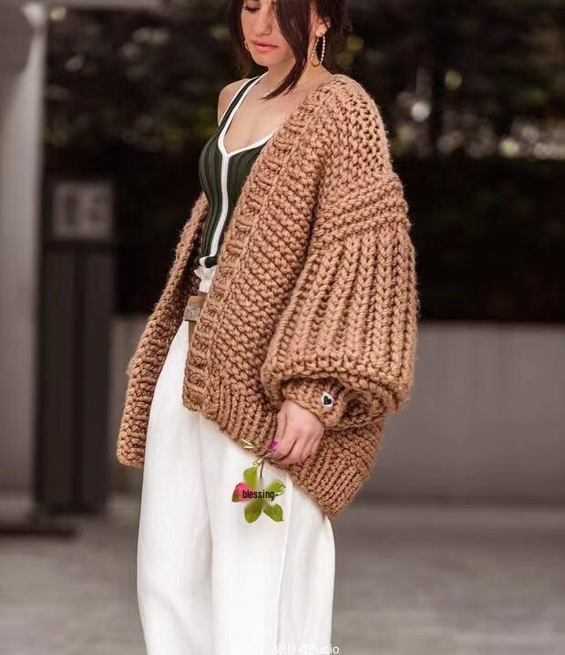 

2024 European & American Style Handmade Knitted Oversized Lantern Sleeve Sweater Coat for Women Oversized