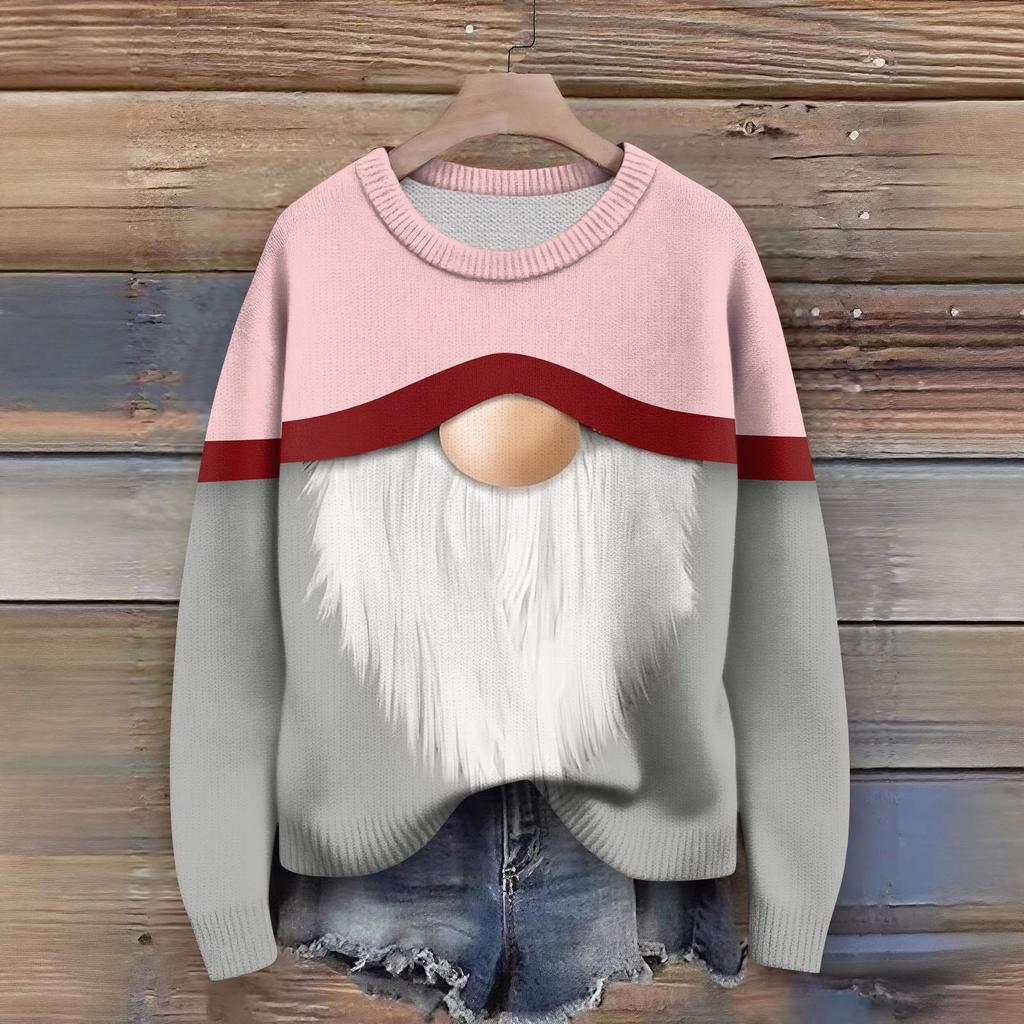 Long Sleeve Pullover Sweaters For Women O Neck Casual Cute Printing Knit Oversized Sweater