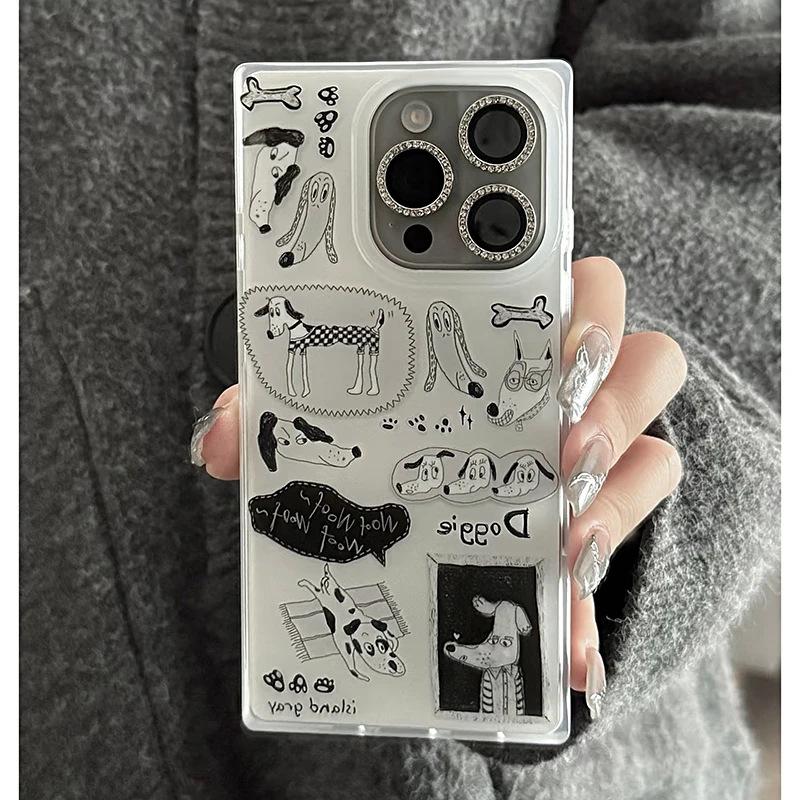 Square Black and White Hand-painted Puppy for iPhone 16/15 Pro Max Phone Case 14 Plus Transparent 13 Cross-border 12 11 Soft