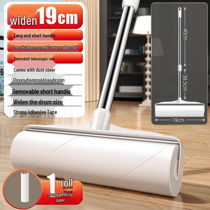 Long Handle Lint Roller with Large Sticky Brush for Bed, Floor, and Hair Cleanup - Tear-Off Paper Replacement Included.