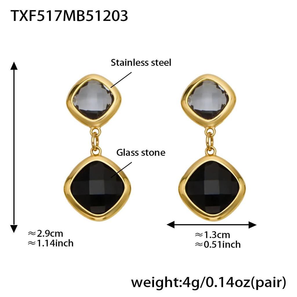 Geometric Glass Stone Earrings & Stainless Steel Bead Necklace Bracelet Set - Multi-color Patchwork Jewelry