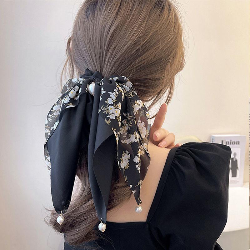 

Korean Style Hair Scarf with Floral Print and Pearl Detail Lightweight Soft Fabric Hair Accessory for Women and Girls One Size