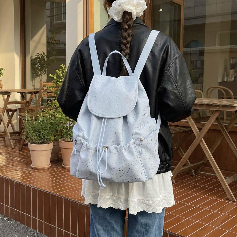 Womens Casual Star Print Backpack Drawstring Detail Adjustable Strap Large Capacity Minimalist Daily Bag for Commute Travel Everyday Use