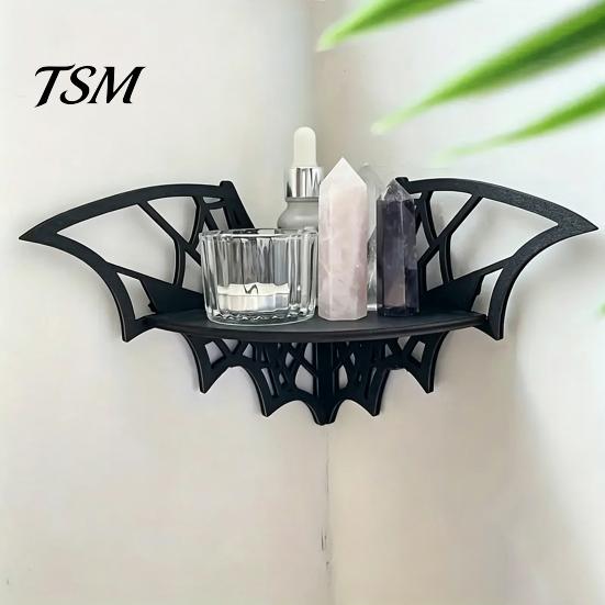 Gothic Style Furniture Halloween Bat Corner Shelf, Decorative Wooden Wall Mount Display Unique Storage Spiderweb Design Floating Rack for Home,