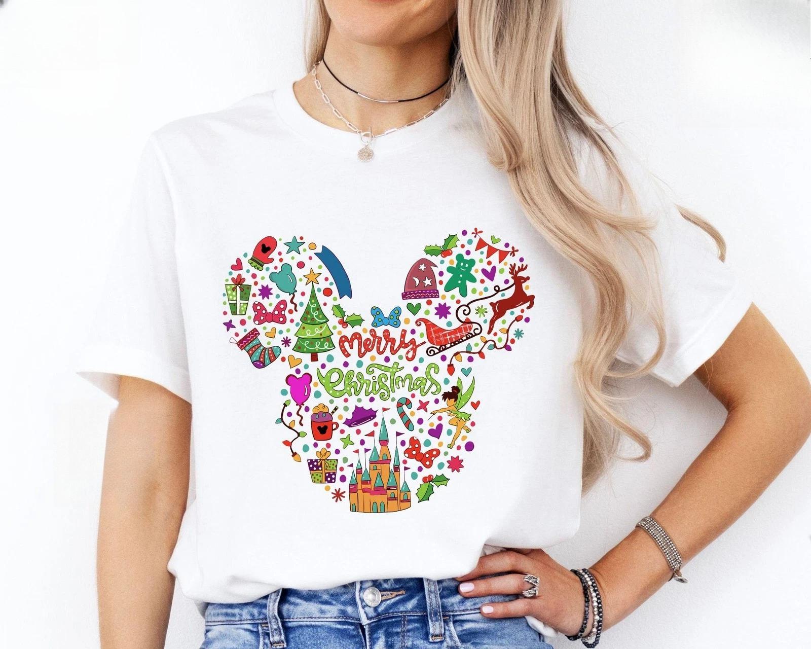 

Holiday Mickey Happy Christmas TShirt Printed Unisexs and Womens TShirts Cotton Short Sleeve Loose Plus Size Apparel S