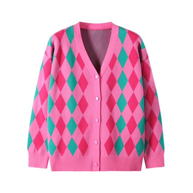 Vintage Geometrische Rhombische Strickjacke Pullover Frauen Herbst Warme Lose Oberbekleidung C-023