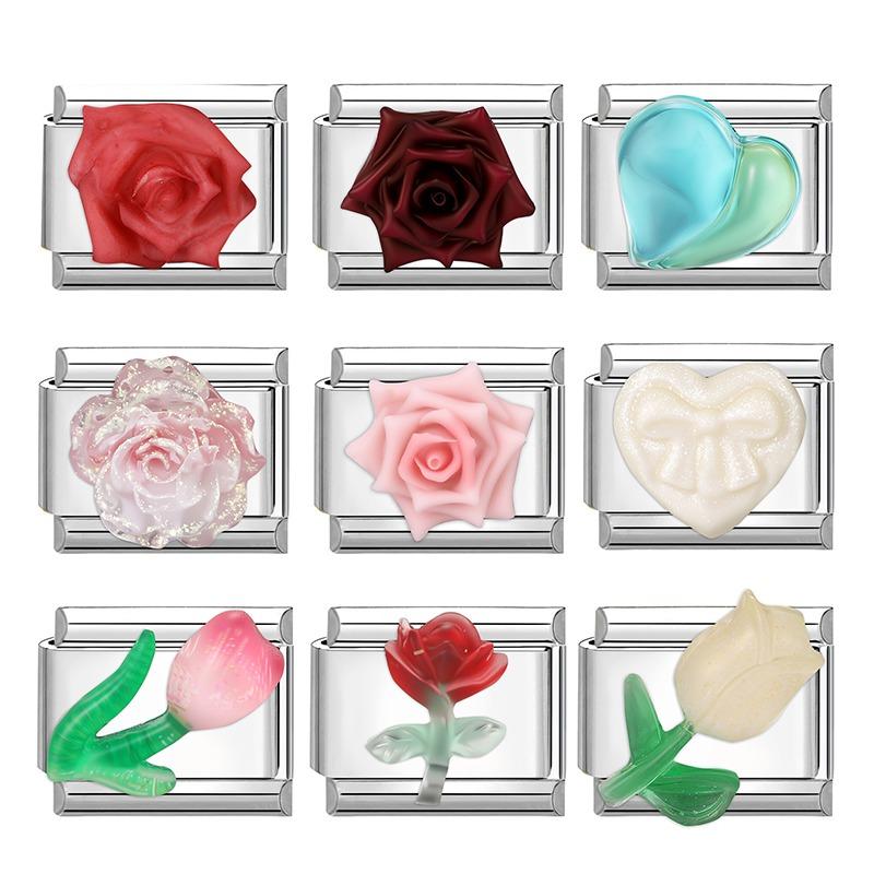 Colorful Crystal Candy Love Rose Flower Tulip Butterfly Fit 9mm Italian Charms Bracelet Stainless Steel Jewelry DIY Making Gifts