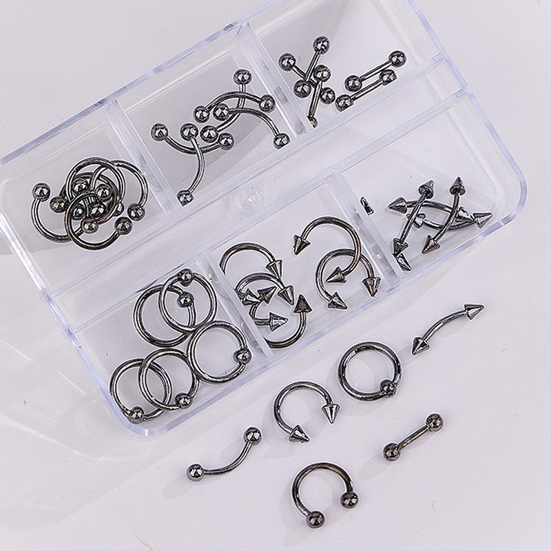 30 ks/krabička Černá/stříbrná slitina kovu ozdoby na nehty dekorace DIY 6 mřížek smíšené cool Y2K punkové doplňky pro nail art manikúra