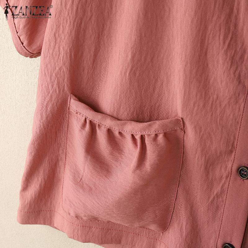 ZANZEA Women Casual Round Neck Short Sleeve Patchwork Pockets Blouse