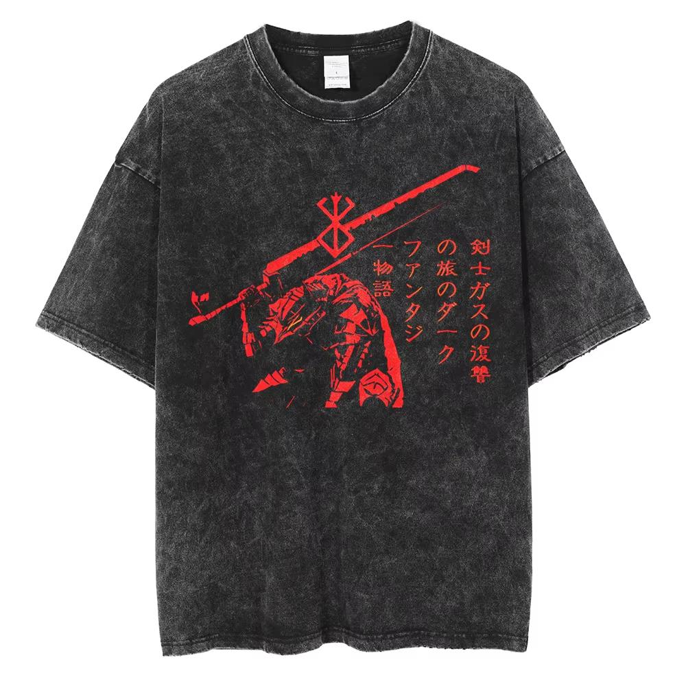 Berserk Anime Guts Charakter Vintage Gewaschenes Baumwoll-T-Shirt Retro Manga Grafik Sommer Kurzarm Locker Geschnittene Oberteile Für Männer Frauen Tägliche Freizeitkleidung