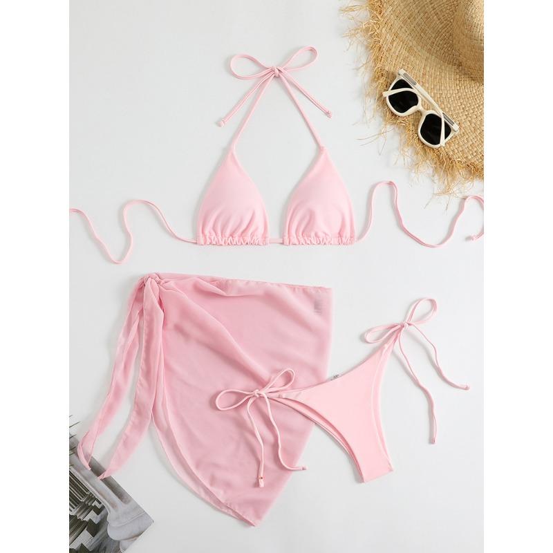 Women's White Triangle Halter Bikini With Wrap Skirt Three-Piece Set