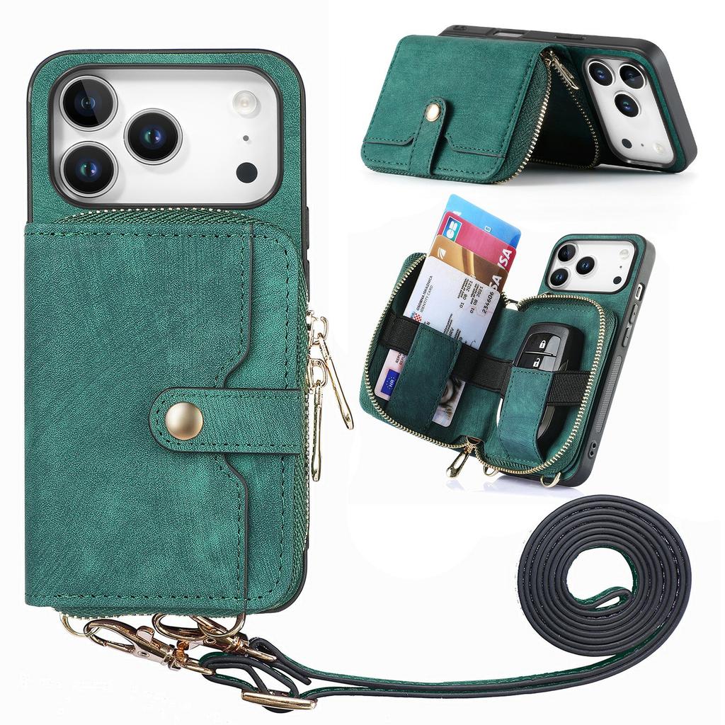 For iPhone 17 Pro Max PU Leather Phone Back Cover with Zipper Card Holder and Long Strap