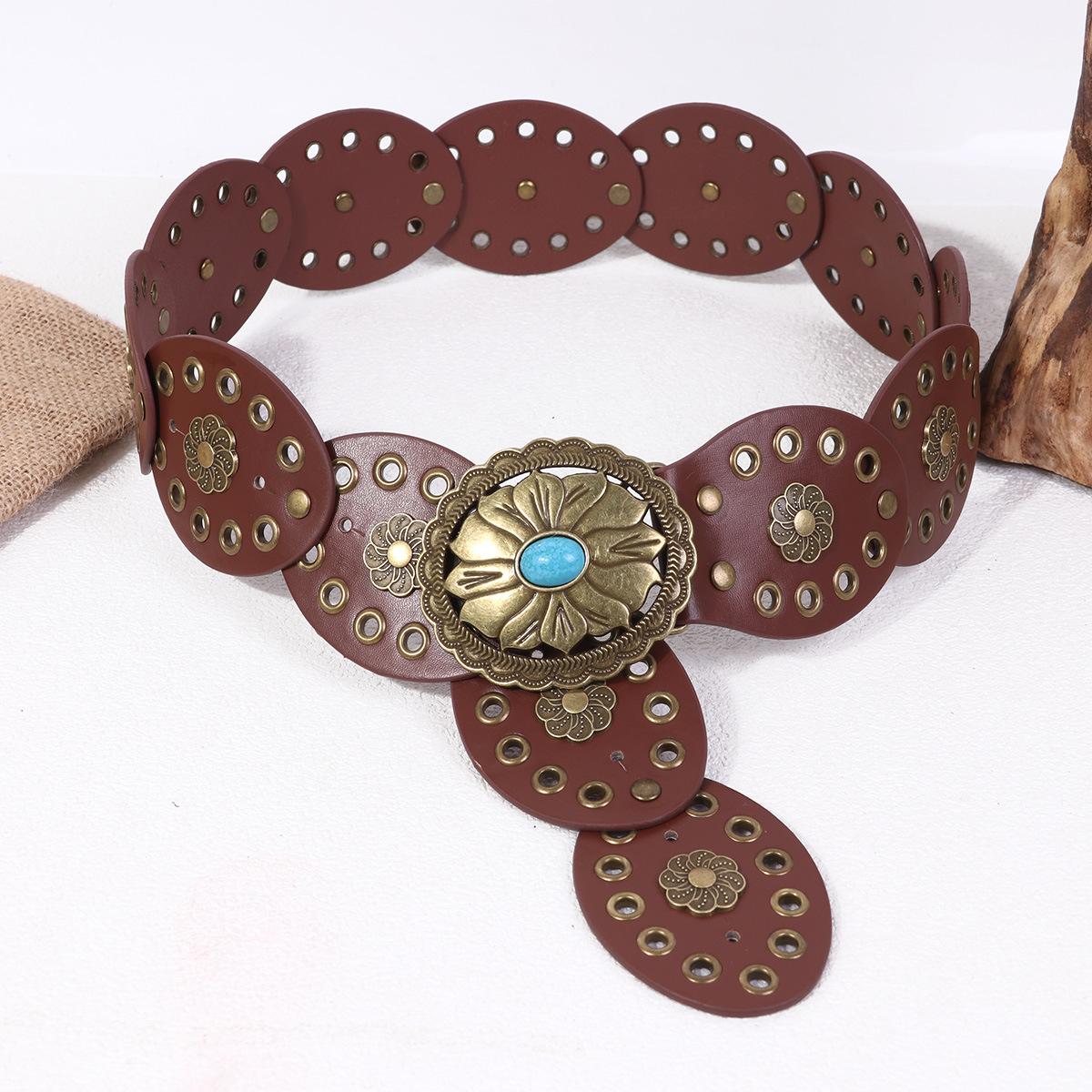 

Vintage Women s Western Denim Belt Hollow Wide Round Cutout Waistband Round Belts 100cm коричневий