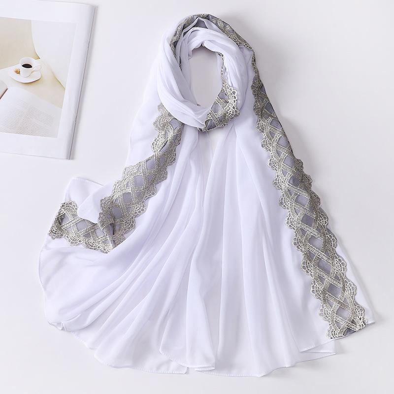 Muslim Women Chiffon Scarves with Lace Side Embroidered Chiffon Hijabs Lace Plain Hijab Patches Decoration