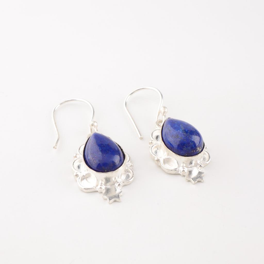 Lapis Lazuli Gemstone 925 Stamped Silver Jewelry Handmade Earrings 1.6" For Gift EE-163-22